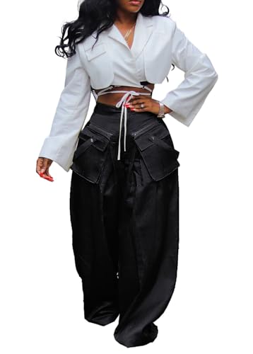 LKOUS Women's High Waist Casual Wide Leg Satin Cargo Pants, Loose Dress Pants for Women, Lounge Pants with Pockets
