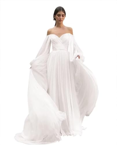 Ternlm Boho Wedding Dress Off Shoulder Chiffon Puffy Long Sleeves Formal Prom Evening Gowns with Pockets TN0032