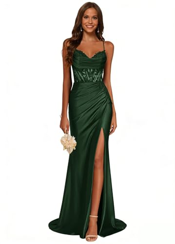 JAEDEN Spitze Satin Ballkleider mit Schlitz Damen Meerjungfrau Abiballkleider Spaghettiträger Abschlusskleider Smaragdgrün 38