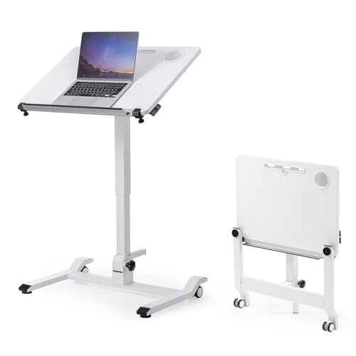 【2個セット】サンワダイレクト スタンディングデスク ガス圧式 折り畳み 【完成品】 幅69×奥行49×高さ75.1-109.5cm 天板角度調整 耐荷重30s キャスター付き パソコンデスク 昇降デスク ホワイト 100-ERD044W