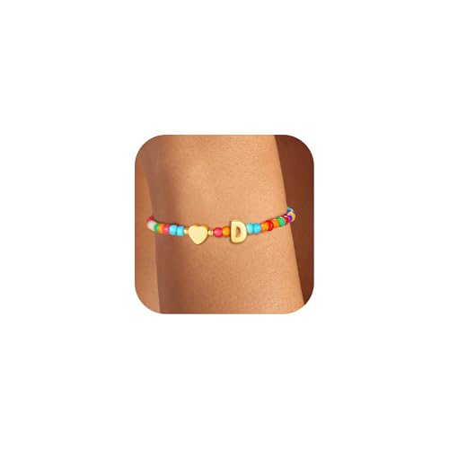 Image of Colorful Initial Bracelets for Women Girls, Cute Beaded Heart Shell Initial Bracelets Teen Gilr Gifts Trendy Stuff Gold Charm Bracelet Gifts for Women
