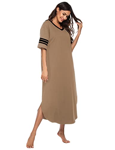Ekouaer Oversized Nightgown For Womens V Neck Loungewear Loose Sleep Dress Soft Sleepshirts S-4Xl Brown #TOP2