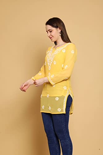 Image of Ada Women's & Girl's Georgette Hand Embroidered Lucknow Chikankari Regular Fit Short Kurti Top with Slip A911300