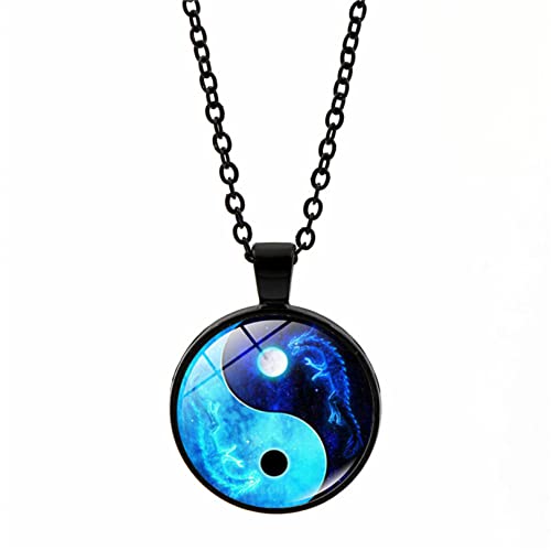 YYZLL Collier Ying Yang Cabochon Argent Bronze Noir Verre Collier Pendentif Dragon Lune Yin Yang clavicule chaîne Bijoux Accessoires Cadeau pour Noël Fête des Mères Saint Valentin Graduation,Le Noir