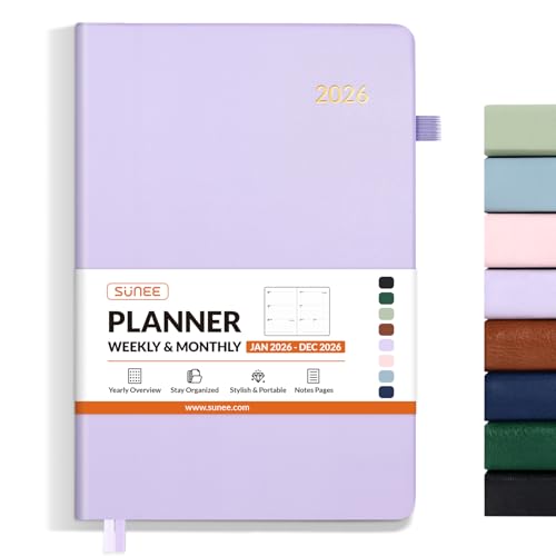 SUNEE 2026 Weekly & Monthly Hardcover Planner 5.5' x 8.3' - 12 Month (January 2026 - December 2026), Small Hardcover Planner, Pocket, Notes, 100 GSM Paper, Purple
