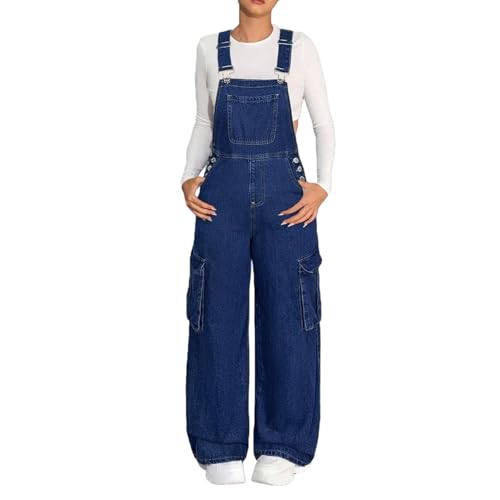 Teen Girls Cargo Denim Overalls Baggy Wide Leg Adjusted Strap Jeans Jumpsuits Kids Summer Fashion (Dark Blue, 7-8 Years)