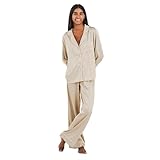 TRAMAS+ Pijama Mujer Satén, Pijama Mujer Largo, Conjunto de Manga Larga con Botones y pantalón con Cintura Elastica, Ropa de Dormir Cómoda - M, Beige
