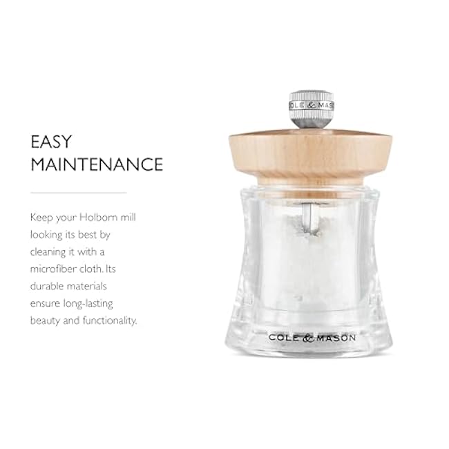 Cole & Mason Holborn Acrylic - Compact Hand Grinder - Acrylic Kitchen Tool with Adjustable Grind Setting - Easy-to-Clean Grinder with Premium Design - Natural Beech Salt Mill, 3.75