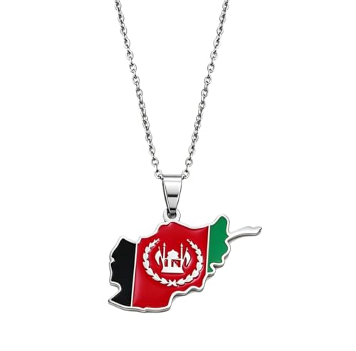 Hdyrpex Collier avec pendentif carte et drapeau de l'Afghanistan en acier inoxydable pour homme et femme, Chaîne de 23,6 cm, Métal, Pas de pierre précieuse