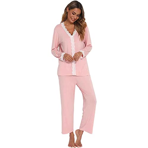 Jecarden Ensemble de pyjama deux pièces à manches longues en coton modal avec bordure en dentelle pour femmes et filles, rose, S Cover