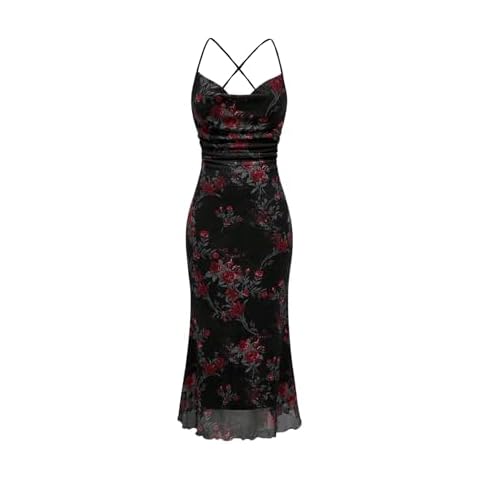 SOLY HUX Women's Floral Print Bodycon Cami Dress Cowl Neck Spaghetti Strap Summer Long Dresses Black Floral Print Small Cover
