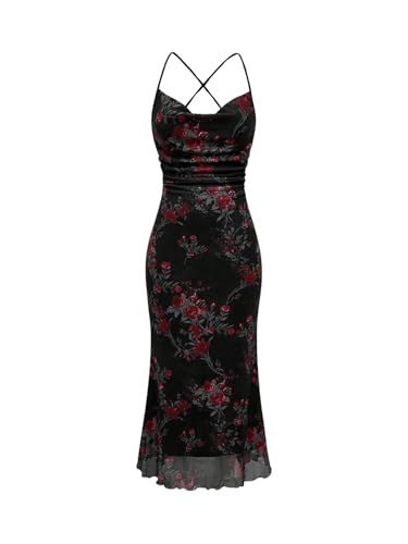 SOLY HUX Women's Floral Print Bodycon Cami Dress Cowl Neck Spaghetti Strap Summer Long Dresses Black Floral Print Medium