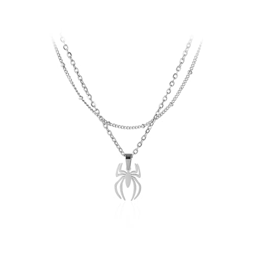 tenghong2021 Spider Pendant Necklace Stainless Steel Lightweight Spiderman Charm Jewelry for Women (Silver (Layered, Smaller Pendent))