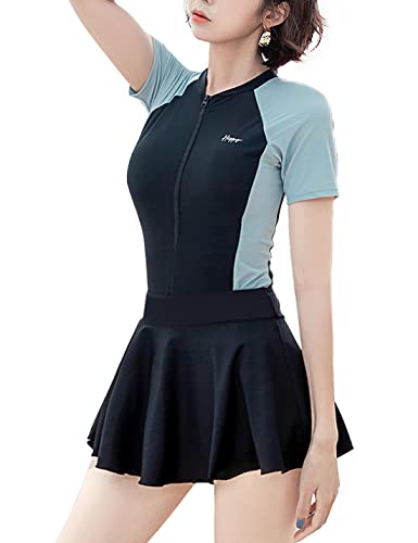 Vanchenl Damen Einteiliger Badeanzug Zip Up Colorblock Kurzärmelige Winddichte Badebekleidung mit Rock Schwarz M