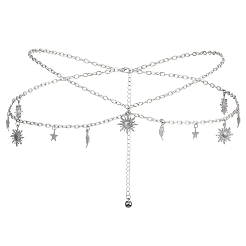 JIEYAO Double Layer Metal Waist Chain, Adjustable Women Waist Link Belt Multilayer Skinny Chain Waistband Sun and Moon Belly Waist Decor Belts (Silver)