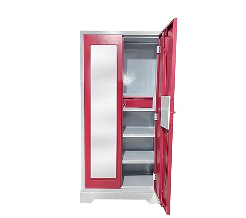 Image of MKFURNITURE Steel Almirah Wardrobe 2 Door with Mirror Cupboard | Wardrobe Storage Rack Closest Organizer for Clothes | 1 Hanging Space and 2 Drawer | Modern Storage Wardrobe (Red)