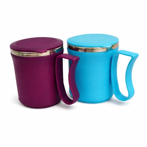 Image of Insulated Stainless Steel Coffee Mug with Lid, 300ml, Double Wall, Reusable Travel Mug for Home & Office (Purple - Sky Blue)