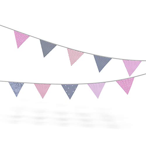 Wimpelkette Stoff-Girlande von Homery, farbenfrohe Dekoration für Kinderzimmer - wählbar in 3 verschiedenen Längen und modernen Farben (200cm, Rosa/Grau) Cover