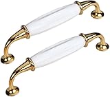 Exquisite Schrankgriffe, Schubladenknöpfe, Küchenschrankgriff, Schrankmöbelgriffe, klassische weiße Keramik, Kleiderschranktürgriffe, Kommodenschubladengriffe, 96 mm (Gold, Lochabstand 128 mm)