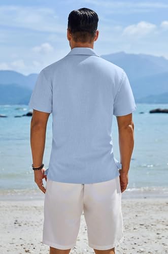Image of COOFANDY Men's Button Down Shirts Short Sleeve Casual Shirts Summer Beach Linen Shirts with Pocket