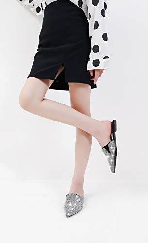 Mackin J 327-1 Women's Pointed Toe Mules Slip On Rhinestones Slides Dress Flats(9, Black) #TOP6