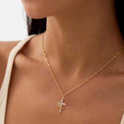 Upgraded Crown Cross Necklace for Women Women's Gifts 14K Gold Plated Crown Cross Pendant Necklace Diamond Cross Necklaces Faith Cross Jewelry First Communion Gifts3