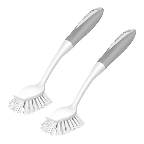 Image of SetSail Dish Brush with Handle, 2 Pack Stiff Bristles Dish Scrubber with Built-in Scraper Dish Scrub Brushes for Cleaning Dishes, Pots and Pans, Kitchen Sink, Grey