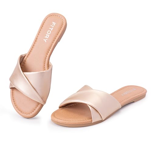 Image of FITORY Women's Flat Sandals Fashion Slides With Soft Leather Slippers for Summer Size 6-11