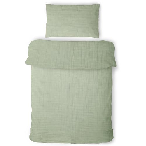 LAYNENBURG Premium Musselin Kinderbettwäsche 100x135 cm + 40x60 cm 100% Baumwolle Oeko-Tex Standard 3 lagiges Musselin Bettwäsche Set für Baby Kinder Jungen & Mädchen (salbeigrün)