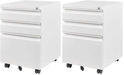 Image of Letaya 3 Drawer Mobile File Cabinet with Lock, Under Desk Metal Filing Cabinets for Home Office Organizer Letters /Legal /A4(Fully Assembled-White) (Pack of 2)