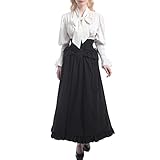 Fiamll Viktorianische Kleider Damen Kostüm Kleid Viktorianisch Bluse mit Gebunden Taille Maxirock 2-teiliges Kostüm Set Schwarz S/M
