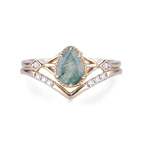 YDD 0.75CT Natural Pear Shaped Moss Agate & Moissanite Engagement Ring Set for Women 925 Sterling Silver 10k/14k/18k Rose White Gold Unique Vintage Green Moss Bridal Set 2pcs Wedding Anniversary