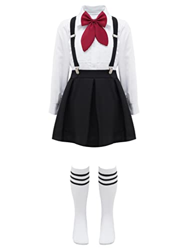 Jowowha Mädchen Schulmädchen Kostüm Schuluniform Kurzarm/Langarm Shirt + Minirock + Socken Zubehör Set Schule Chor Outfits Aa Schwarz Langarm 134-140