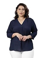 The Pink Moon Women's Plus Size Tops Front Pleat Navy Solid Top with 3/4th Sleeve (Top_tim6g_navy-6xl_Navy Blue_6XL)