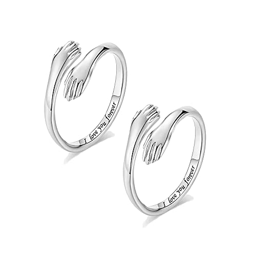 CREEY 2 Piezas Anillo Abrazo de Plata de Ley 925 para Mujeres y Hombre Ajustable Anillos Abiertos Anillos Manos Abrazando Parejas Románticos Anillos de Compromiso Anillo de Boda (Plata+Plata) Cover