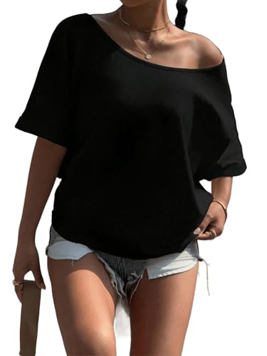 Image of SXV STYLE Women's Off-Shoulder T-Shirt, Short Sleeve, Casual Loose Fit, Black