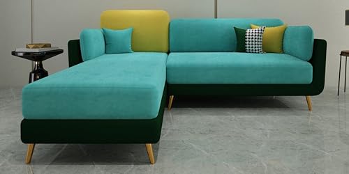 Image of Sixpine Luxury Dual Color Upholstery Lounger RHS Sofa in Premium Velvet | Solid Wood Structure | Sturdy Golden Legs | High Density Foam | Extra Comfort for Living Room (Turquoise & Green, 4 Seater)