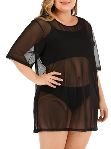 Women's Plus Size Sheer Mesh Beach Dress Cover Up See Through Short Sleeve Beachwear4