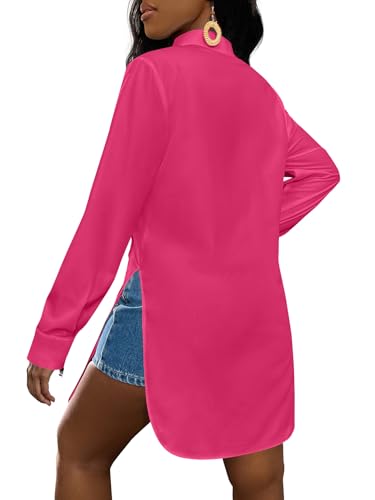 Image of LYANER Women's Collar Neck Long Sleeve Button Down Shirts Sexy Split Hem Tops Long Blouse Shirt Dress