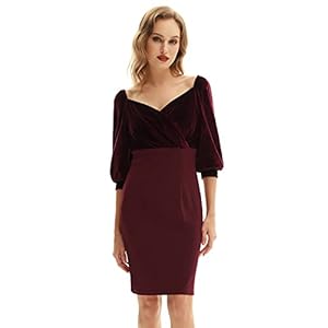 Belle Poque Dames elegante potloodjurk avondjurk vintage contrasterende stof jurk 3/4 lantaarnmouwen V-hals cocktailjurk nauwsluitende jurk BP0145A21