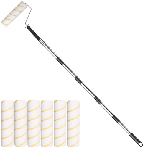 Paint Roller with Extended Detachable Pole Handle and 6pcs 9Inch Roller Covers, Long Reach Paint Roller Set for Walls, Ceilings, Floor, Home Painting Supplies (6.3FT Paint Roller kit)