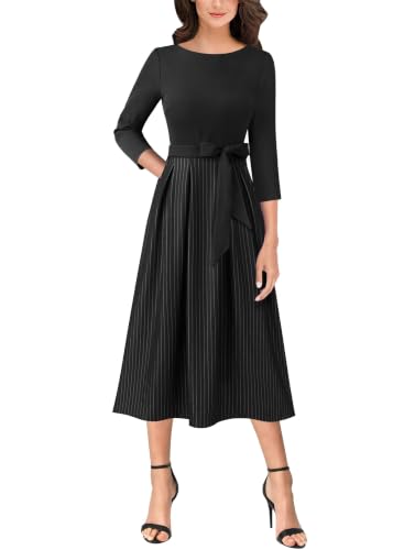 Image of VFSHOW Womens Work Business Casual Church Pockets Belted A-Line Midi Dress