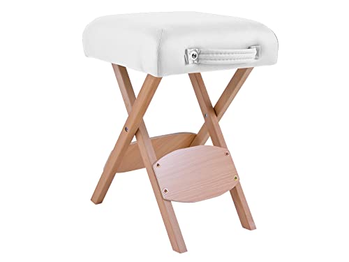 QUIRUMED Taburete Plegable de Madera con Asiento, Tapizado en Color Blanco, Multiusos, Mesa Auxiliar, Reposapiés, Polipiel,...