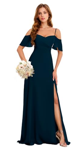 Image of Flowy Chiffon Bridesmaid Dress with Slit Peacock Mermaid Long Formal Gown Chiffon Maxi Gown US14 HGR93