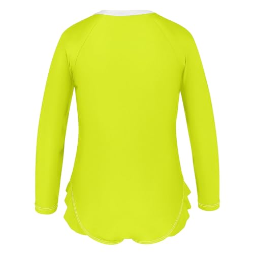 Image of Plain Neon Yellowish Green Baby Girl Bathing Suit Long Sleeve UPF 50+ One Piece Toddler Swimsuit Size 3T