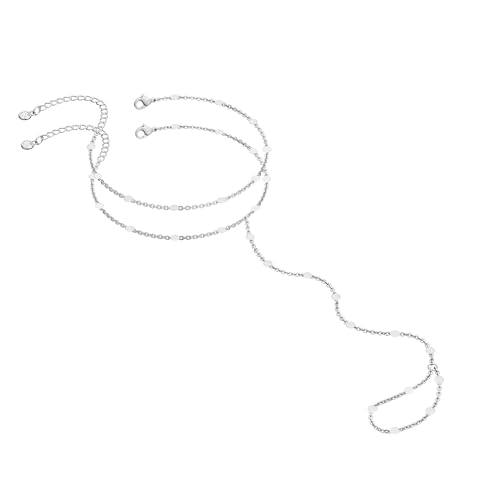 Image of Hand Chain Bracelet for Women Trendy, Dainty Silver Beaded Finger Ring Bracelet Non Tarnish Minimalist Adjustable Simple Cute Silver Bracelets Waterproof Fashion Jewelry