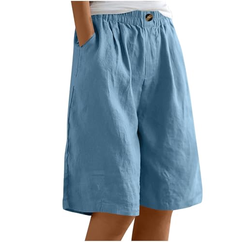 Cotton Linen Bermuda Shorts for Women Dressy Elastic Waist Wide Leg Half Pants Summer Casual Vacation Beach Outfits(B- Blue,Small)