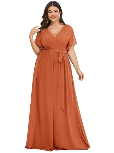 Image of Ever-Pretty Plus Women's Spring Chiffon A-Line Plus Size Bridesmaid Dress Empire Waist Ruched Formal Wedding Guest Dresses Brandied Melon US20