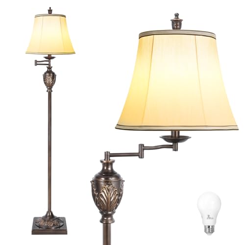 Traditional LED Floor Lamp with 350° Adjustable Swing Arm Lamp – Vintage Standing Pole lamp for Living Room, Bedroom and Office – Rustic Upright Floor Light for Home Décor with Faux Silk Fab