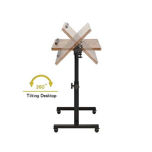 TigerDad Brown T-Shape Overbed Table with Wheels, Adjustable Tiltable Laptop Stand Desk, 15.7x13.7x23.6 inches, 22 lbs Load Capacity